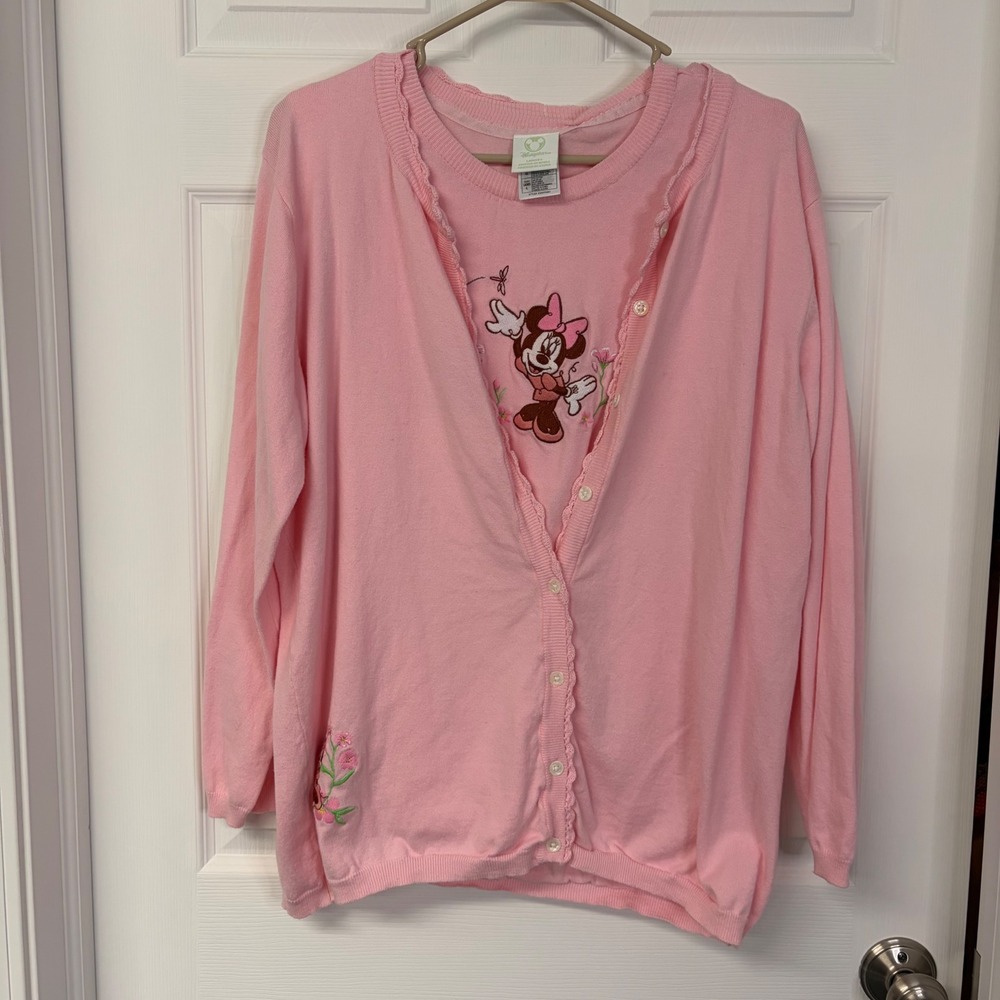Disney Store Minnie Mouse Pink Cardigan & Shell 2 Piece Sweater Set Ladies L